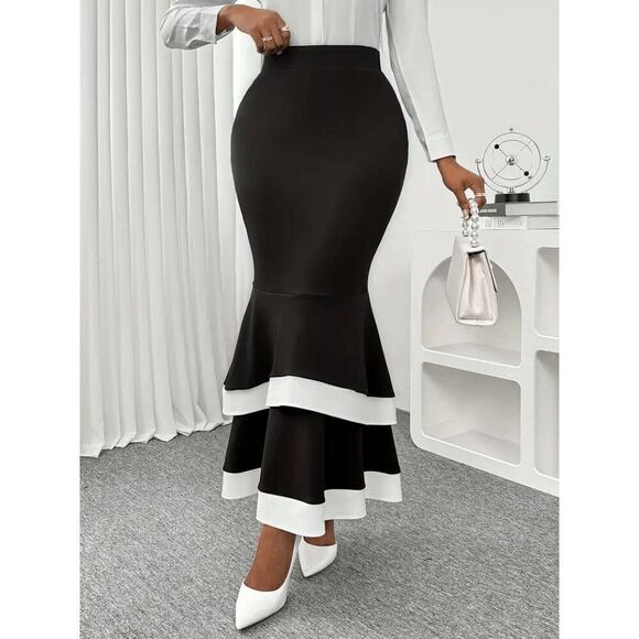 Contrast Trim High Waist Mermaid Bodycon Skirt - Picture 1 of 5